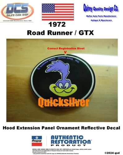 1972 Plymouth Road Runner GTX REFLECTIVE Hood Panel Emblem Decal NEW MoPar USA - Afbeelding 1 van 2