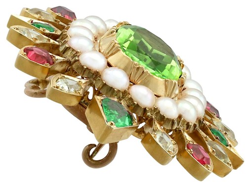 4.35 ct Peridot 2.56 ct Emerald Sapphire Seed Pearl 18k Yellow Gold Brooch - Picture 3 of 9