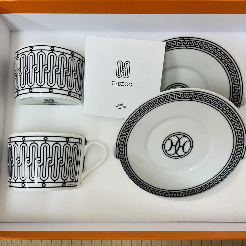 Hermes H Deco Taza de Té Platillo Blanco Negro Vajilla Juego de 2 Café Café Auténtico Nuevo  Foto 2 de 4