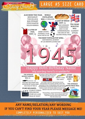 Personalisierte 80. Geburtstag GROSSE A5 GRÖSSE KARTE 1944 Frau Geburt Jahr Mutter Freund