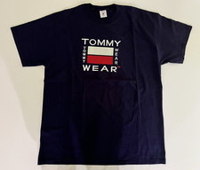 Vintage Tommy Hilfiger Flag Logo T Shirt Spell Out Blue DEADSTOCK XL Y2K Delta