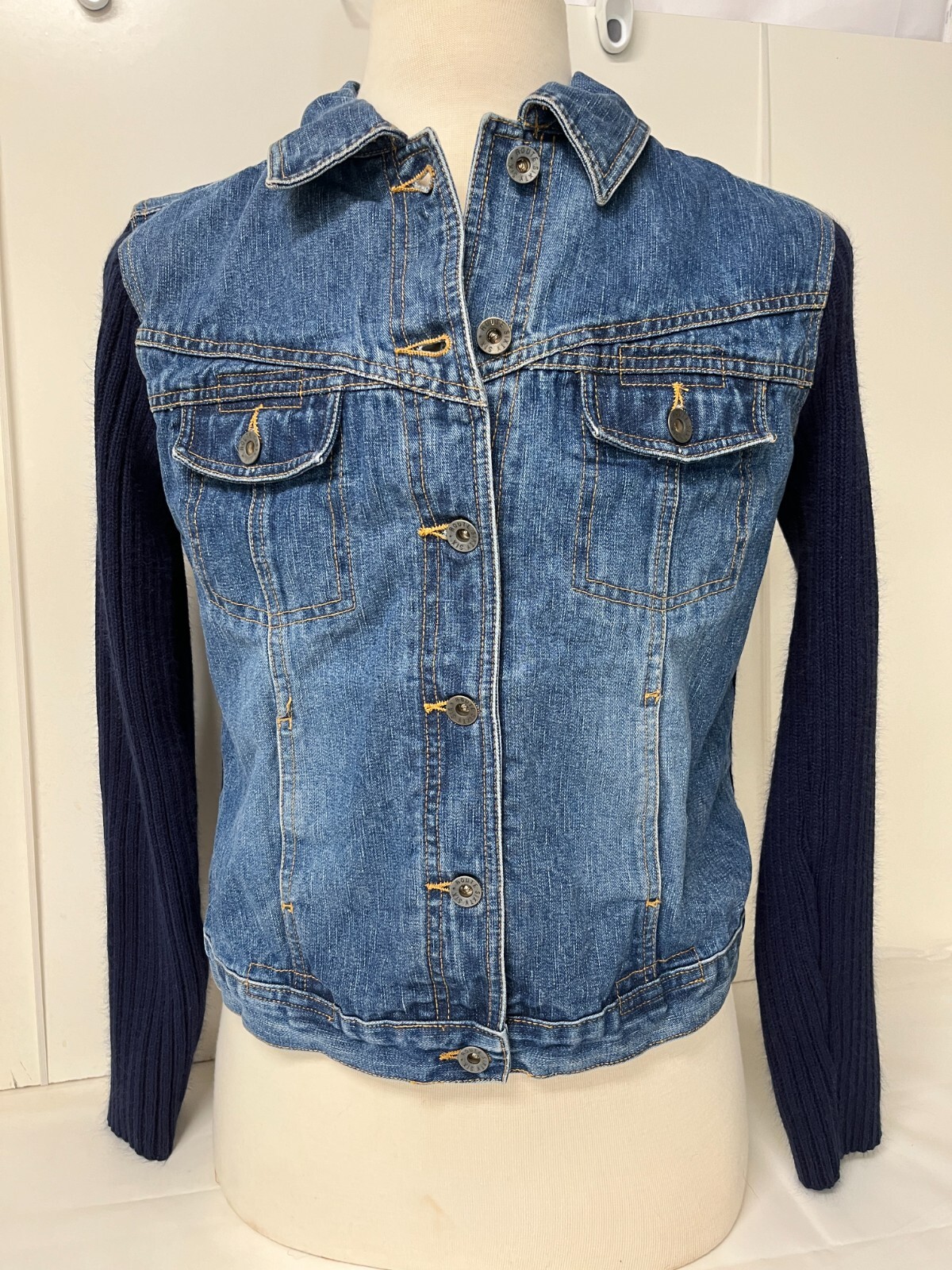 Jacket Blue Denim w Knit Back & Long Knit Sleeves Women sz XL by Route 66-image