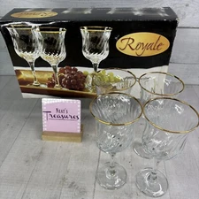 Royale Hand Decorated 24 Karat Gold Rim Swirl 12oz Clear Water Wine Goblet Set 4