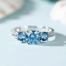 Round Cut Diamond Trilogy Engagement Ring 14K White Gold Finish Blue Sapphire