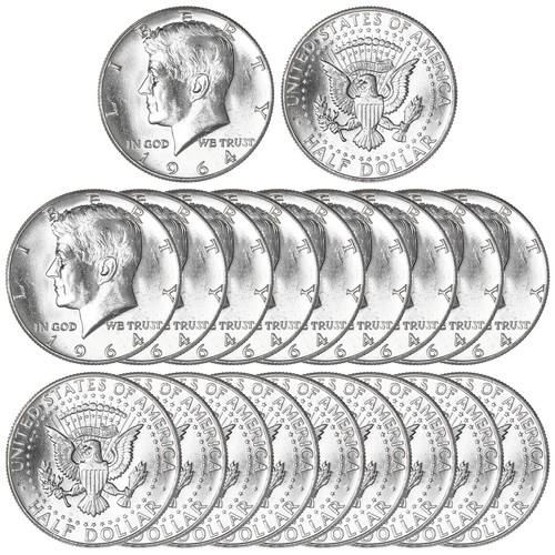 1964 (P) Kennedy Half Dollar 90% Silver Bu Roll 20 Us Coin Lot