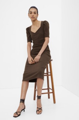 GAP Retro Bombshell Sweetheart Neck Midi Knit Dress Mocha Brown Dress PS