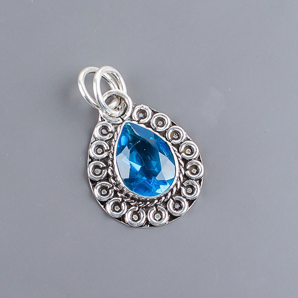 Birthday Gift For Her Natural Swiss Blue Topaz Pendant Vintage 925 Silver