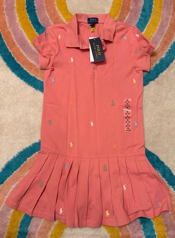 Polo Ralph Lauren Girls Pink Piqué Shirt Dress Pleated Logo M (8-10)