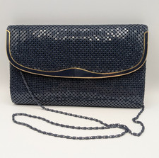 Vintage Navy Mesh Clutch Gold Trim, Navy Metal Shoulder Strap, Magnetic Closure