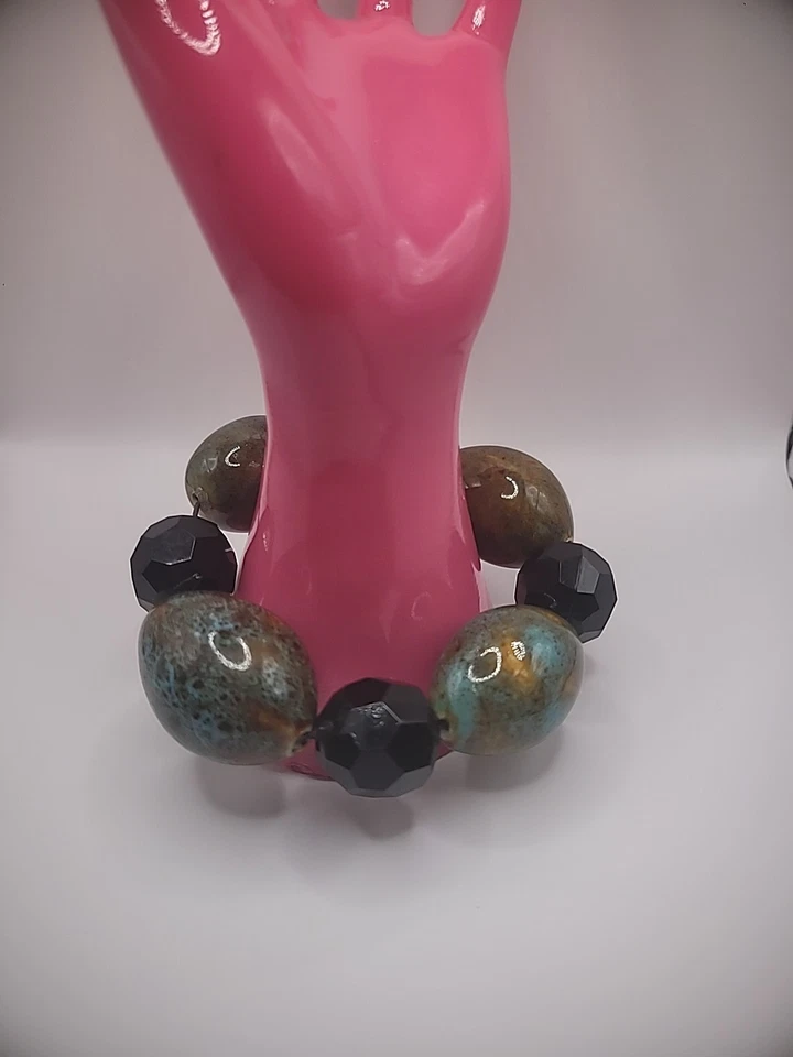 Vintage Bracelet Blue Tan Chalcedony Stone Beaded Black Faceted Stretch - Image 2 of 4