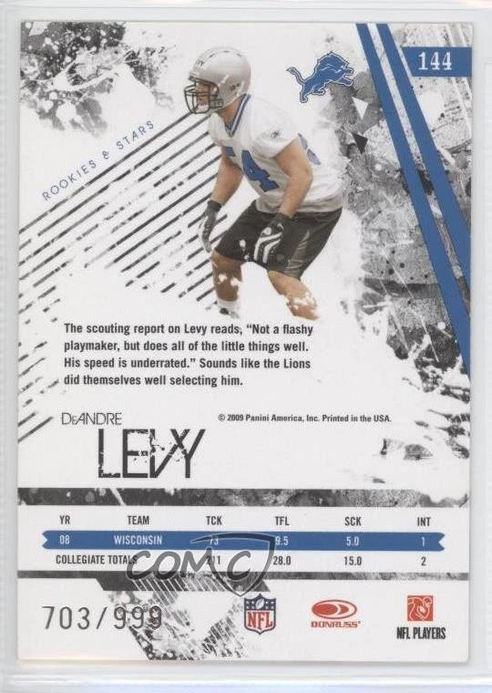 2009 Donruss Rookies & Stars Rookie /999 DeAndre Levy #144 RC - Image 2 of 2