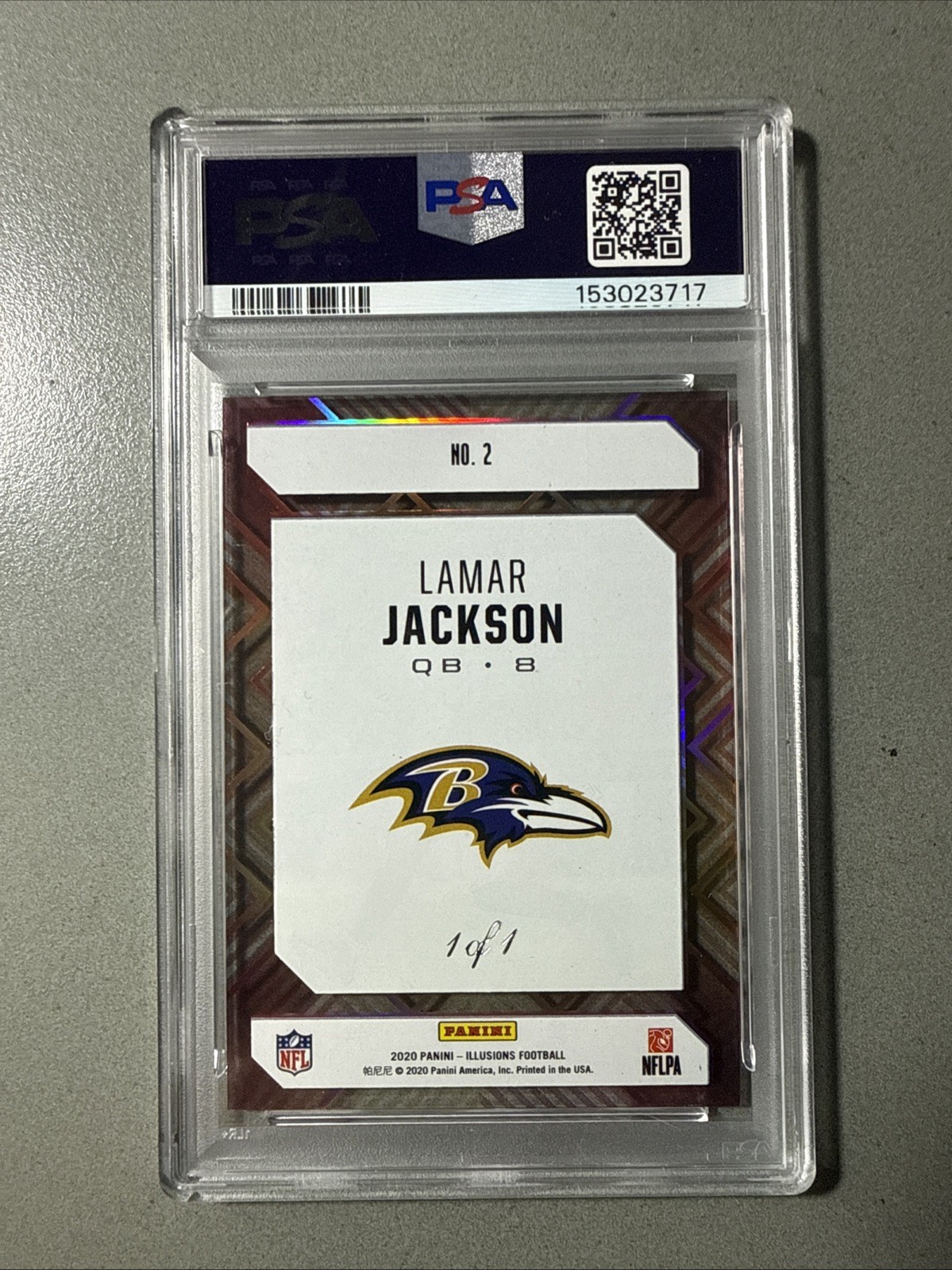 2020 Panini Illusions - Clear Shots Purple 1/1 Lamar Jackson #2 PSA 9 view 2