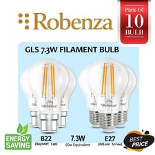 GLS LED 7.3W=60W Filament A60 Light Bulb B22 E27 Warm 2700K Lamp - Pack of 10