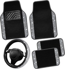 Bling Diamond Leather Steering Wheel Cover 14.5in-15in Floor Mats Black Silver