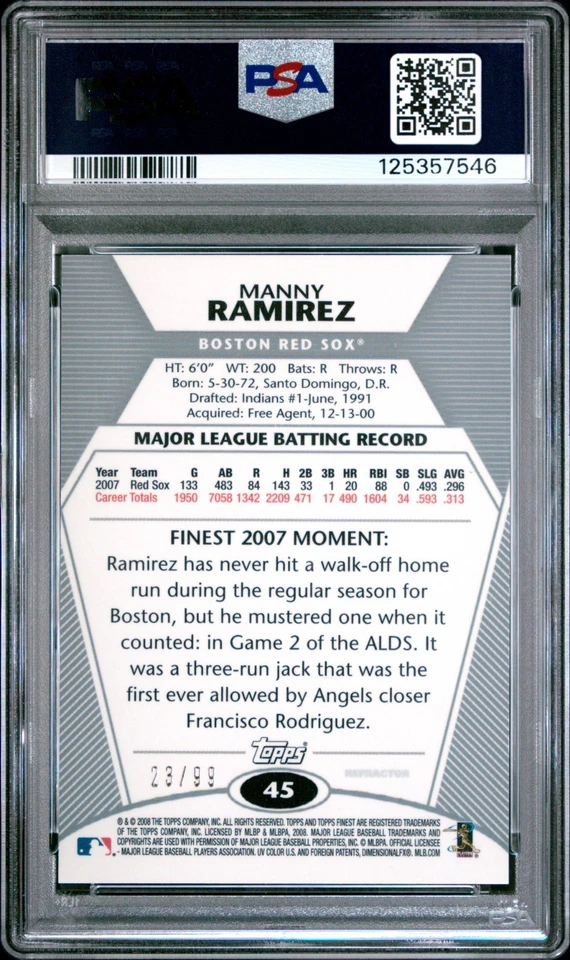 2008 TOPPS FINEST BLACK REFRACTOR #90 MANNY RAMIREZ RED SOX #/99 PSA 9 MINT POP2 - Image 2 of 2