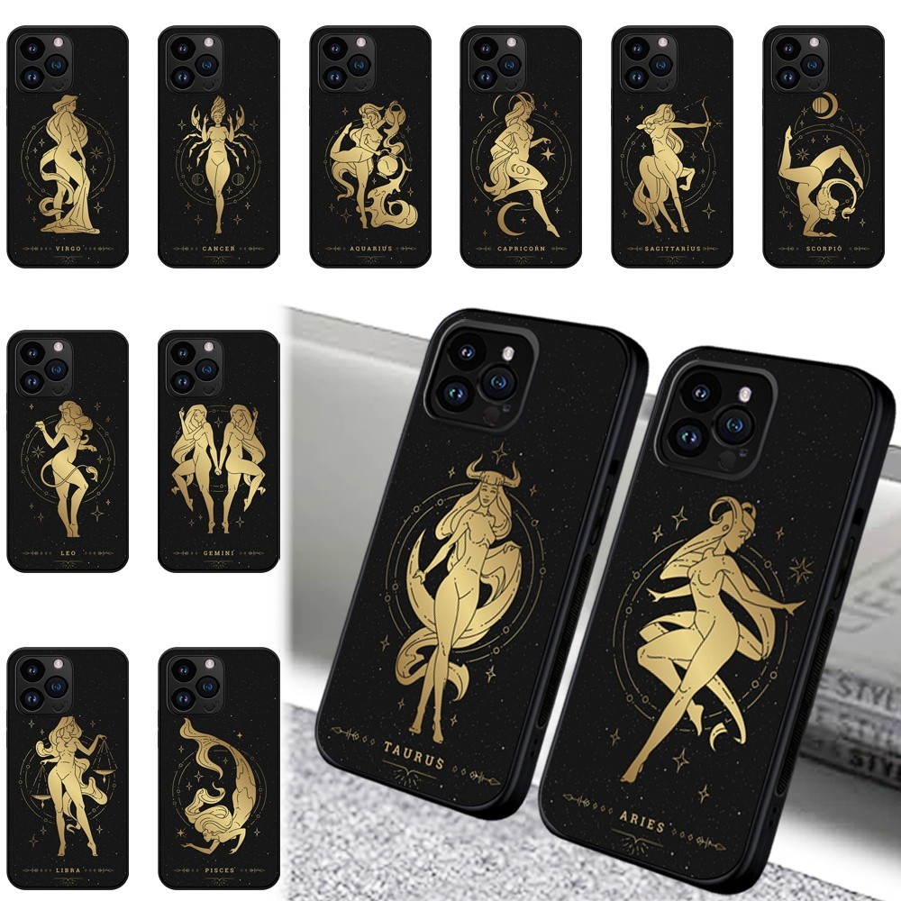 Funda de silicona dorada Zodiac Art a prueba de golpes para teléfono Apple 14/15plus/16/16E/17