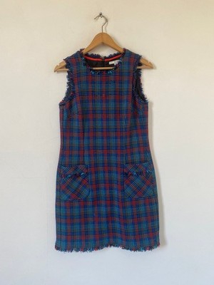 Boden Kleid Gr. 10 blau rot kariert Taschen Tweed Boucle Strick Preppy Smart Office