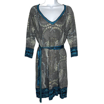 Vintage Y2K Custo Barcelona Belted Knit Dress Sz M Gray Blue Metallic Art Deco