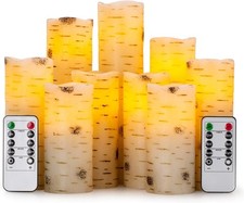 Flameless Flickering LED Candles with Birch Bark Effect - Set of 9 Battery-Opera