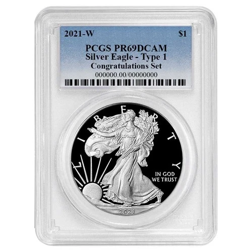 2021-W Proof $1 Type 1 American Silver Eagle Congratulations Set PCGS PR69DCAM