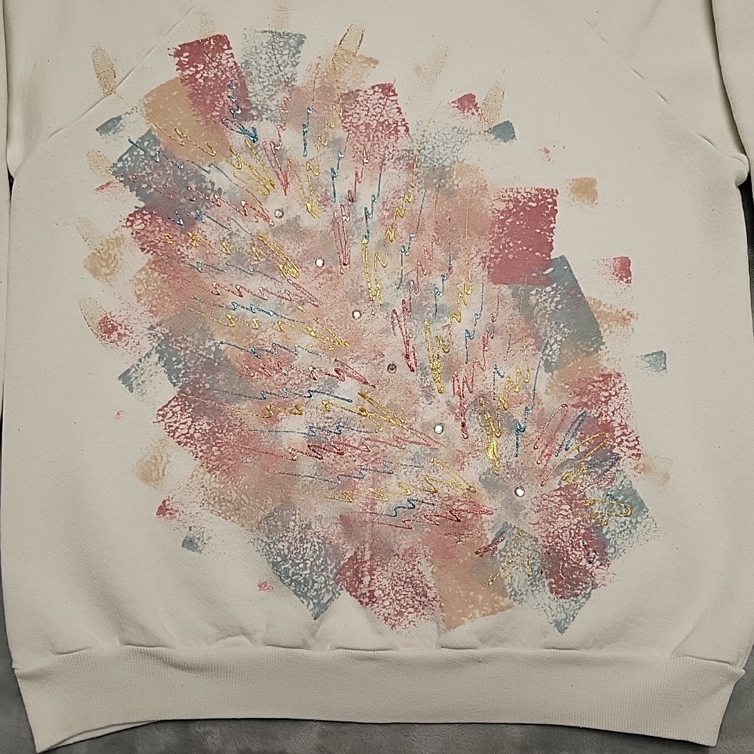 Vintage Jerzees Sweatshirt Womens L Abstract Art Cottage Made in USA Retro 90s image 2