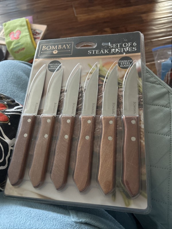 Steak Knives - Bombay 6 Pack. Stainless Steel. New & Sealed. Natural wood handle