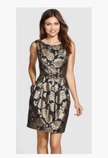 Eliza J Floral Brocade Fit & Flare Dress Navy Gold Metallic Belted Size 4 NWOT