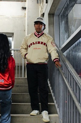 HOLINESS Varsity Jacket Beige Red Black Embroidered Logo Striped Trim Unisex