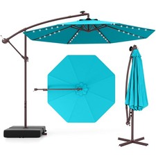 Patio 10FT Hanging Offset Umbrella 32 LED Lights Sand Bag Outdoor Cross Base
