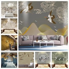 3D Crane Clouds Moon Self-adhesive Wallpaper ...