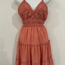 ECOWISH Womens Crochet Lace V-Neck Tiered Midi Dress Coral Pink Boho Size S