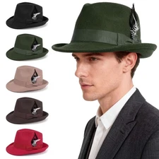 Classic Fedora Hats for Men Women Short Brim Felt Feather Hat Vintage Dress Hat