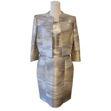 Tahari Silver & Gray 2 Piece Dress & Jacket Suit Size 10