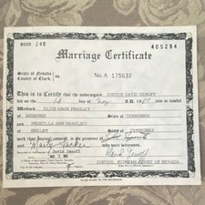 Elvis Presley Priscilla Ann Beaulieu Marriage Certificate Document Memorabilia