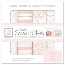 SwaddleDesigns Cotton Muslin Swaddle Blankets, Set of 4, Pink Floral, 46x46 in