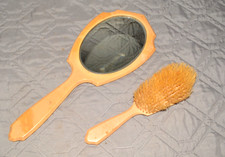 Vintage Celluloid Vanity Mirror  Brush Set Hand Painted Floral Art Deco Era