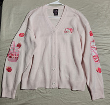Helo Kitty Sanrio Embroidered Cardigan Sweater Womens Large Pink Patches Anime