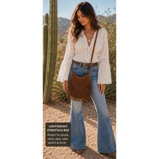 Boho Fringe Small Crossbody Bag Cognac Brown Concert Festival Western Purse NWT