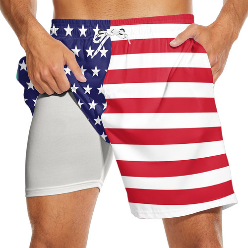 US Flag Mens Swim Trunks w/ Compression Liner, 7 Inch, Quick Dry