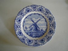 Vintage Blue Delft 9-inch Hand Painted Windmill Hanging Plate - Holland Scallop
