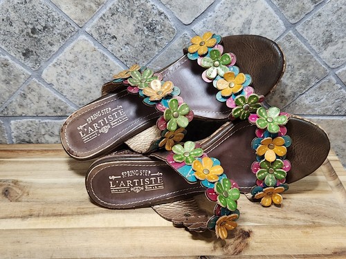 Women's Aura Spring Step Radd Floral Yellow Cork Wedge Sandals Shoes Size 39 - Picture 5 of 11
