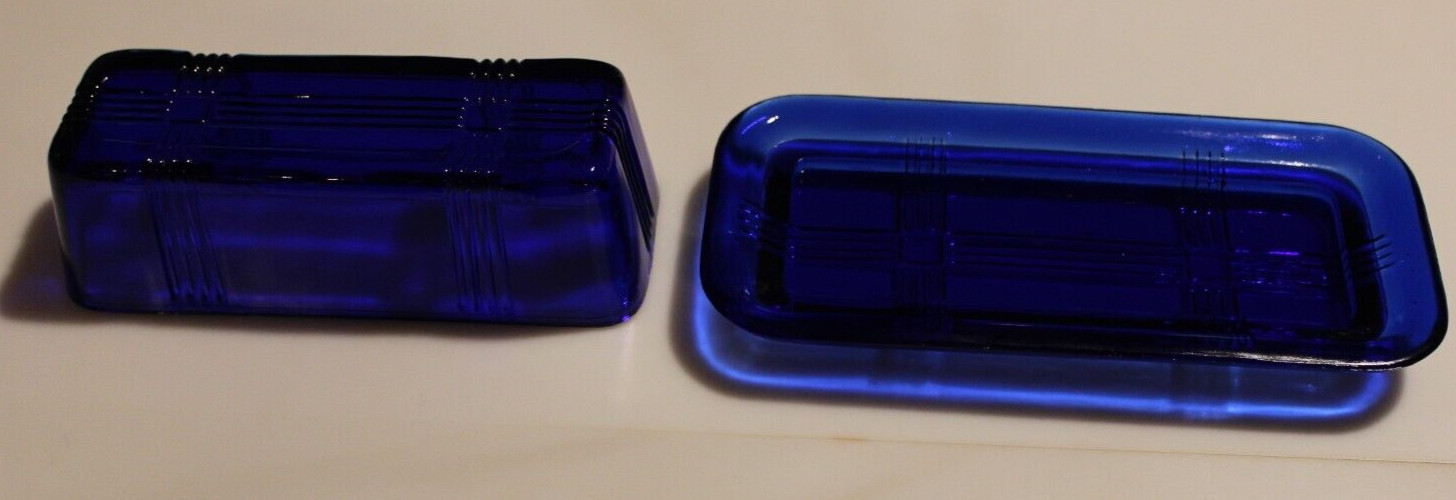 Hazel Atlas Cobalt Blue Criss Cross Covered Butter Dish 1/4 lb Butter Rectangle