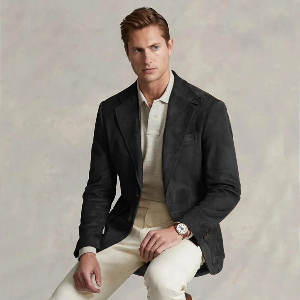 Men's Suit Jacket Suede Single Breasted Casual Elegant Male Coat for Business - Image 4 of 4