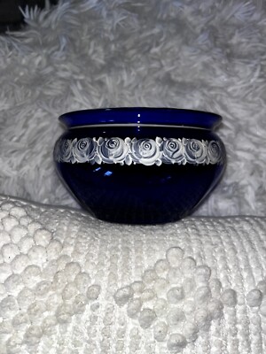 Bowl Czech Bohemian Cobalt Blue Glass Round With Roses