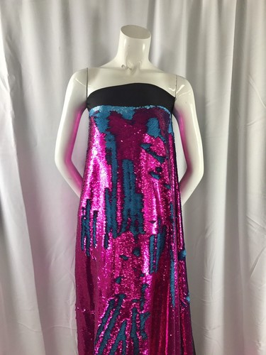 SEQUINS FABRIC 2 WAY STRETCH REVERSIBLE MERMAID SCALES-FUCHSIA/TURQUOISE-BY YARD - Picture 2 of 12