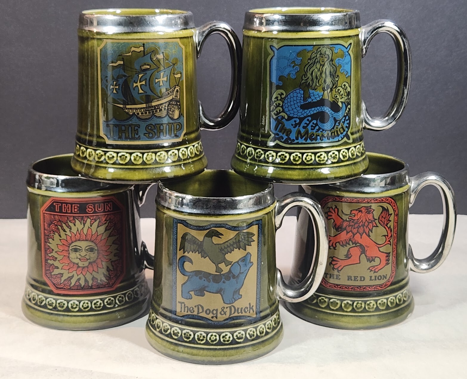 Lord Nelson Pottery Mug Set of 5 YE OLDE INN Green Beer Tankard Series England