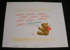 MERRY CHRISTMAS Lettering w/ Teddy Bear 8.5x7" Greeting Card Art 255