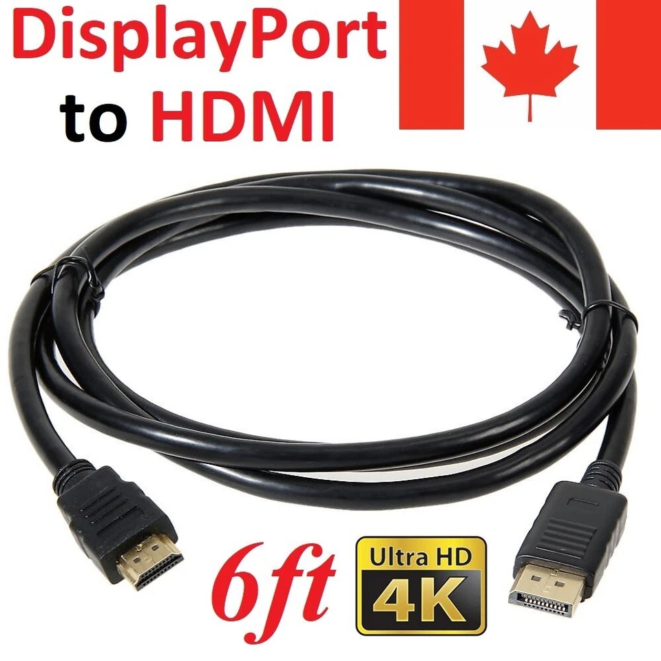 6ft Display Port (DP)  to HDMI Cable Adapter Converter Cord [4K / 2K / 1080p]