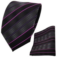 SchöNe Tigertie Krawatte + Einstecktuch Schwarz Anthrazit Magenta Lila Gestreift