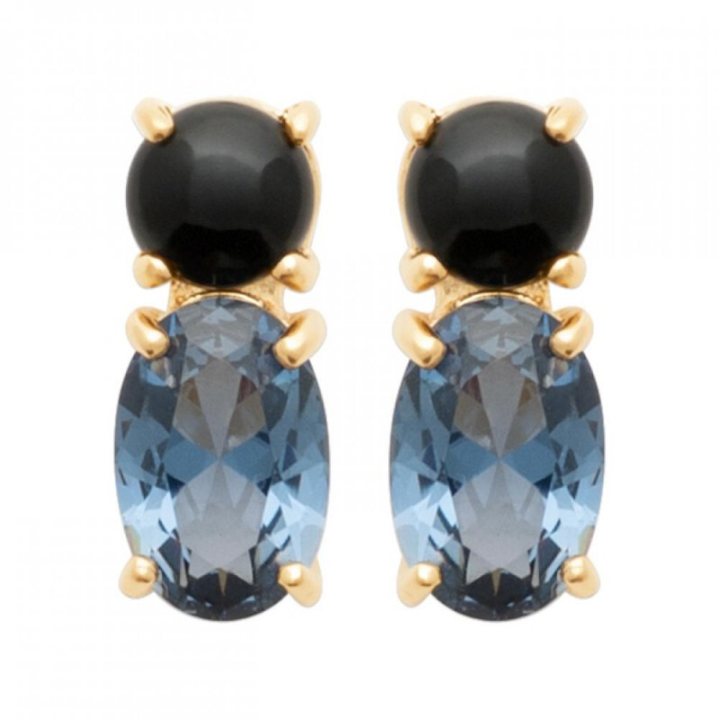 Boucles d'oreilles puces pierres agate noire et plaqué or 750/000 pour femme